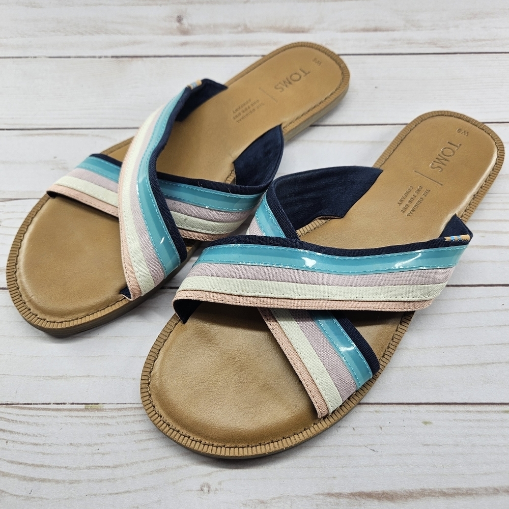 Toms Viv Blue Multi Striped Canvas Crossover Slide Bohemian Flat Sandals Size 8